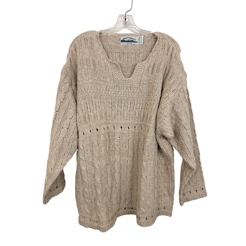 Aran Crafts Ireland V-Neck Pullover Sweater Womens 2XL Linen Cotton Tan Knit